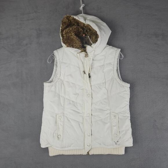 American Eagle Outfitters Jackets & Blazers - American Eagle Y2K Puffer Vest Faux Fur Hood Cream White Zip Snap Jacket Women M